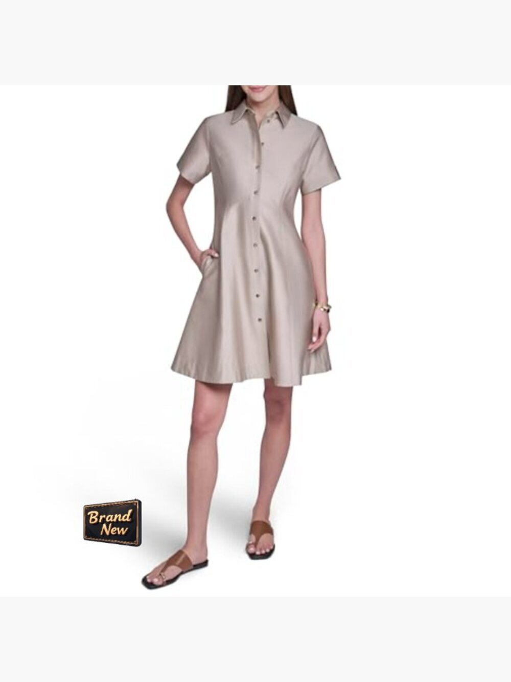 Short Sleeve Button Up Cotton Sateen Shirt Dress Midi Knee-Length - Picture 2 of 7